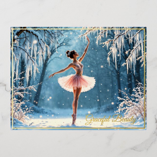 Winter ballet ice dance frosty forest view foil invitation postcard (Front)