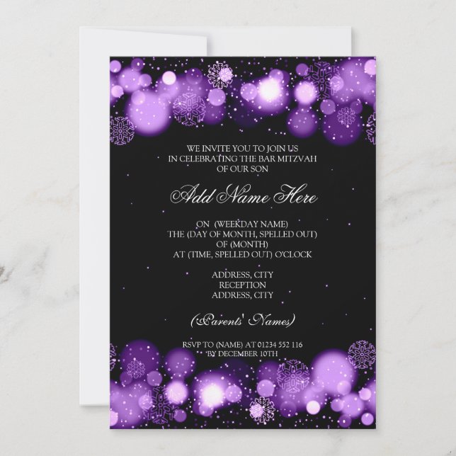 Winter Bar Mitzvah Purple Snowflakes Lights Invitation (Front)
