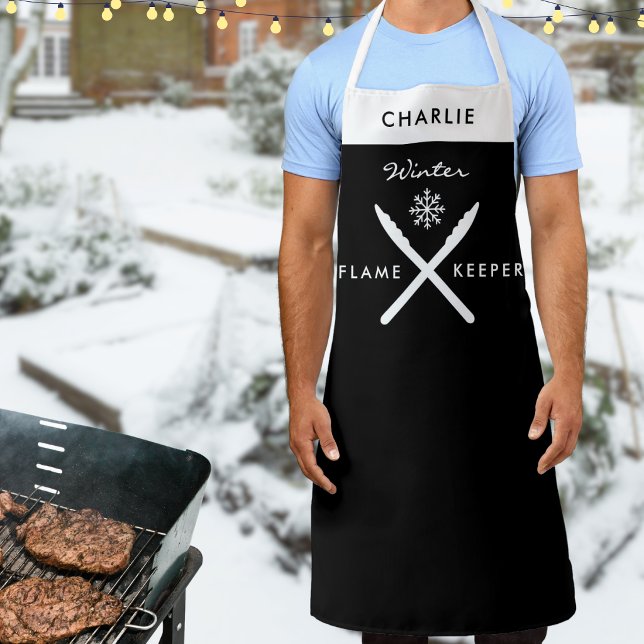 Winter Barbecue Grill Snowflake Funny Personalised Apron (An apron for the winter barbecue chef, in black and white, with tongs, snowflake and custom name)