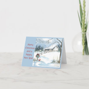 Winter Barn Scene, wreath on post and cardinal Holiday Card
