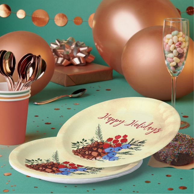 Winter Barries Cone Merry Christmas Trees Yellow Paper Plate (Multi)