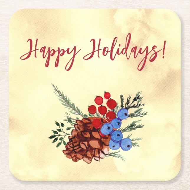 Winter Barries Happy Holidays Trees Yellow Red Square Paper Coaster (Front)