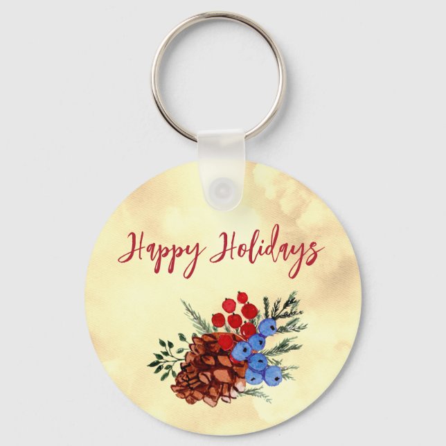 Winter Barries Merry Christmas Trees Yellow Red Key Ring (Front)
