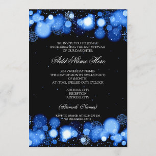 Winter Bat Mitzvah Blue Snowflakes Lights Invitation