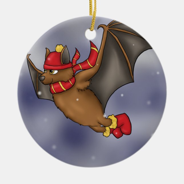 Winter Bat - Red and Yellow Ceramic Tree Decoration (Front)