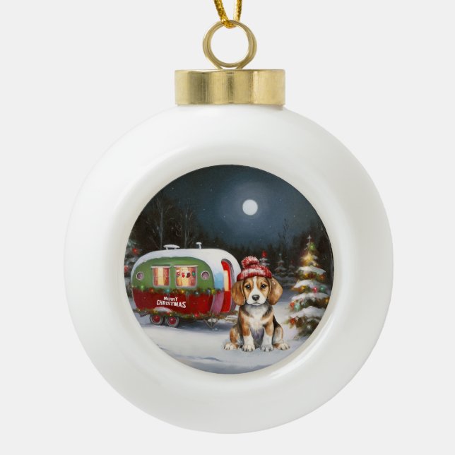 Winter Beagle Caravan Christmas Adventure  Ceramic Ball Christmas Ornament (Front)