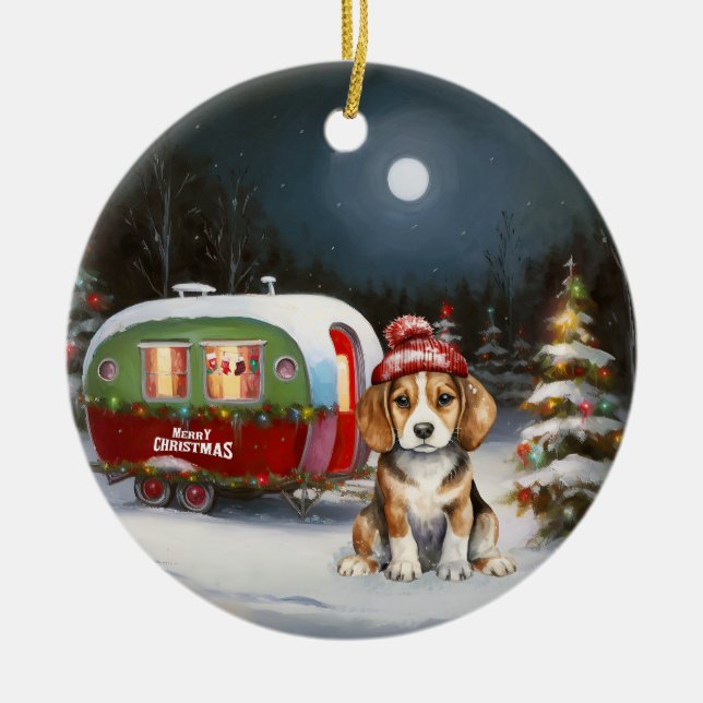 Winter Beagle Caravan Christmas Adventure  Ceramic Tree Decoration (Front)