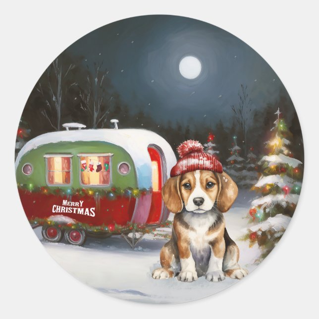 Winter Beagle Caravan Christmas Adventure  Classic Round Sticker (Front)
