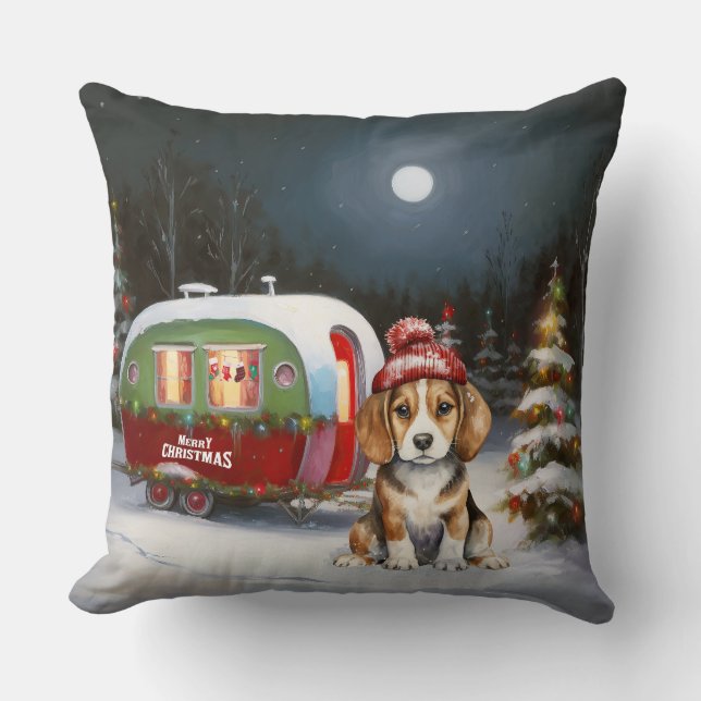 Winter Beagle Caravan Christmas Adventure  Cushion (Front)