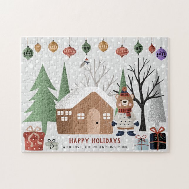 Winter bear and trees Happy holidays Christmas Jigsaw Puzzle (Horizontal)
