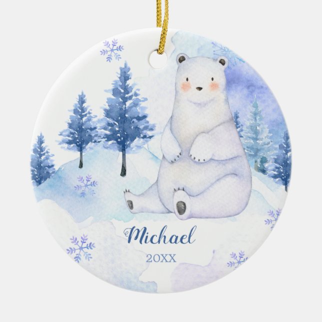 Winter Bear Artics Animal Blue Snowflakes Mountain Ceramic Tree Decoration (Front)