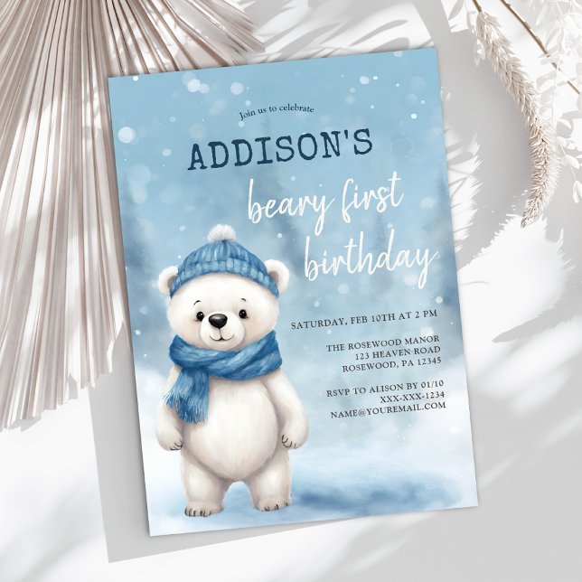 Winter Bear Blue Boy First Birthday Invitation (Creator Uploaded)