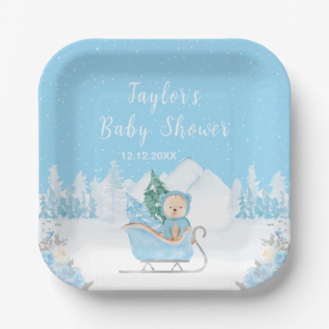 Winter Bear Blue Sleigh Baby Shower Paper Plate (Front)