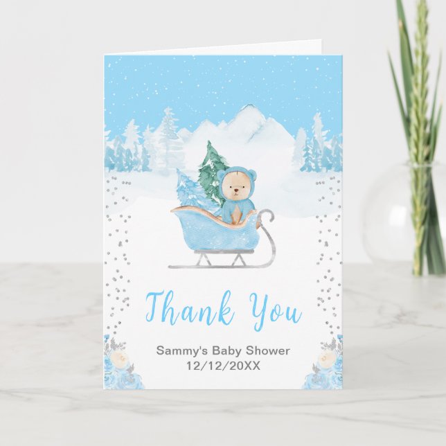 Winter Bear Blue Sleigh Baby Shower Thank You Card (Front)