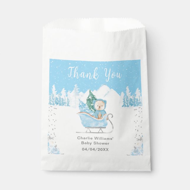 Winter Bear Blue Sleigh Baby Shower Thank You Favour Bags (Front)