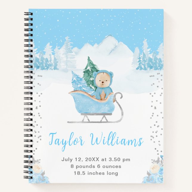 Winter Bear Blue Sleigh Birth Statistics Notebook (Front)