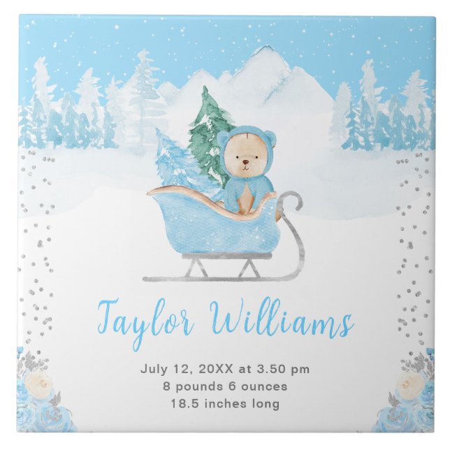 Winter Bear Blue Sleigh Birth Statistics Tile (Front)