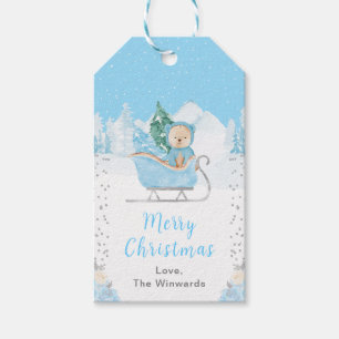 Winter Bear Blue Sleigh Merry Christmas Gift Tags