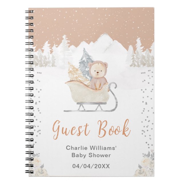 Winter Bear Brown Sleigh Baby Shower Guest Book (Front)