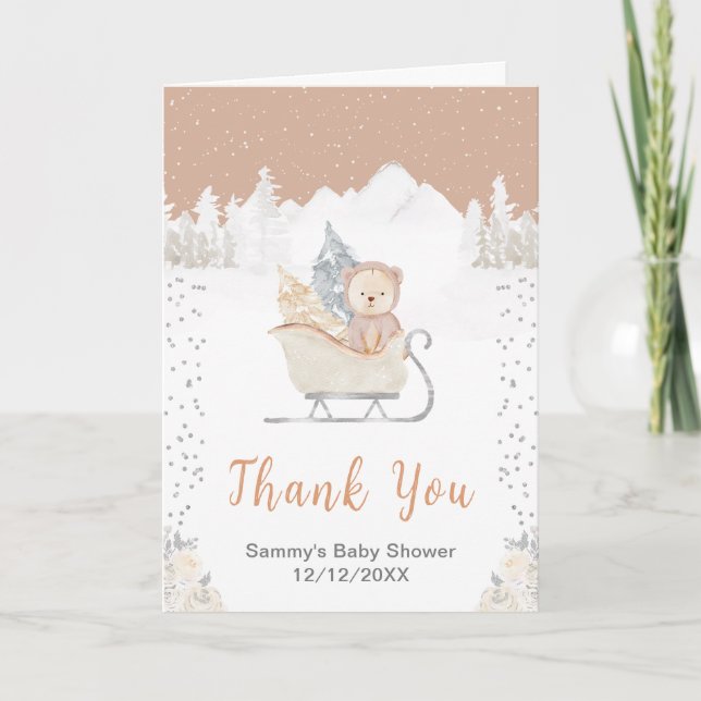 Winter Bear Brown Sleigh Baby Shower Thank You Card (Front)