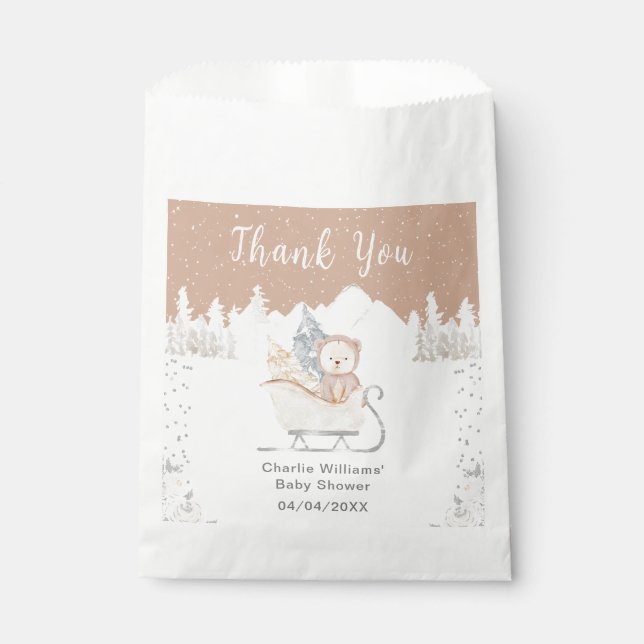 Winter Bear Brown Sleigh Baby Shower Thank You Favour Bags (Front)