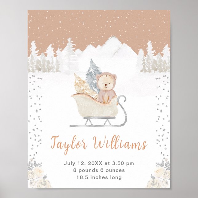 Winter Bear Brown Sleigh Birth Statistics Poster (Front)