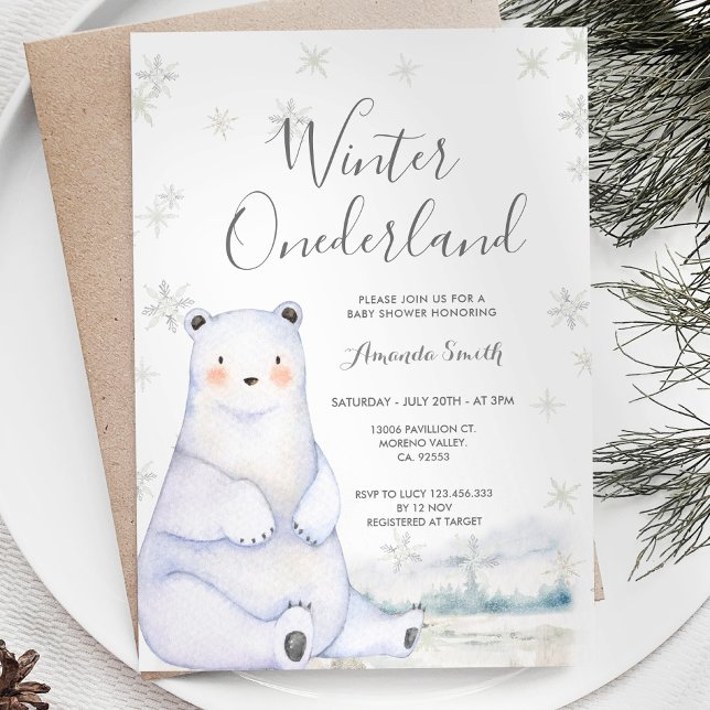 Winter Bear Forest Snowflakes Onederland birthday Invitation (Creator Uploaded)