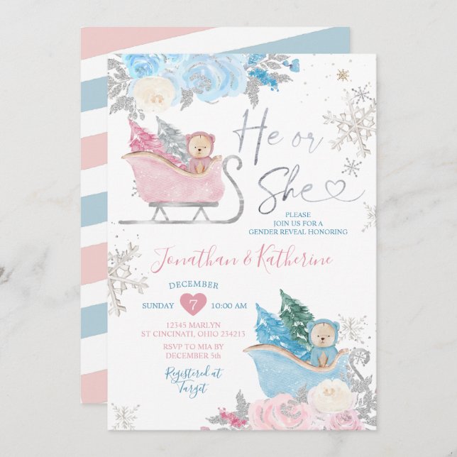 Winter Bear Gender Reveal He or She Snowflakes Inv Invitation (Front/Back)