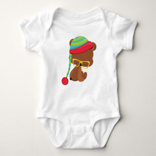 Winter Bear, Hipster Bear, Bear With Glasses, Hat Baby Bodysuit