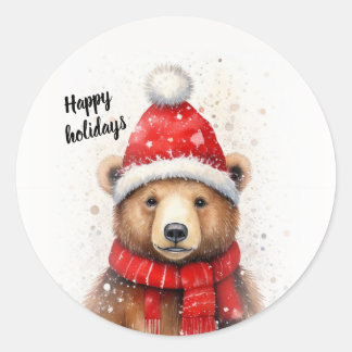 Winter Bear in a Cosy Red Hat  Classic Round Sticker