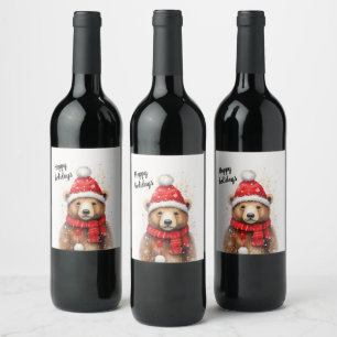 Winter Bear in a Cosy Red Hat Wine Label