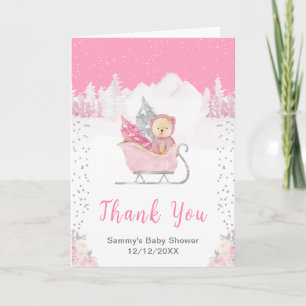 Winter Bear Pink Sleigh Baby Shower Thank You Card