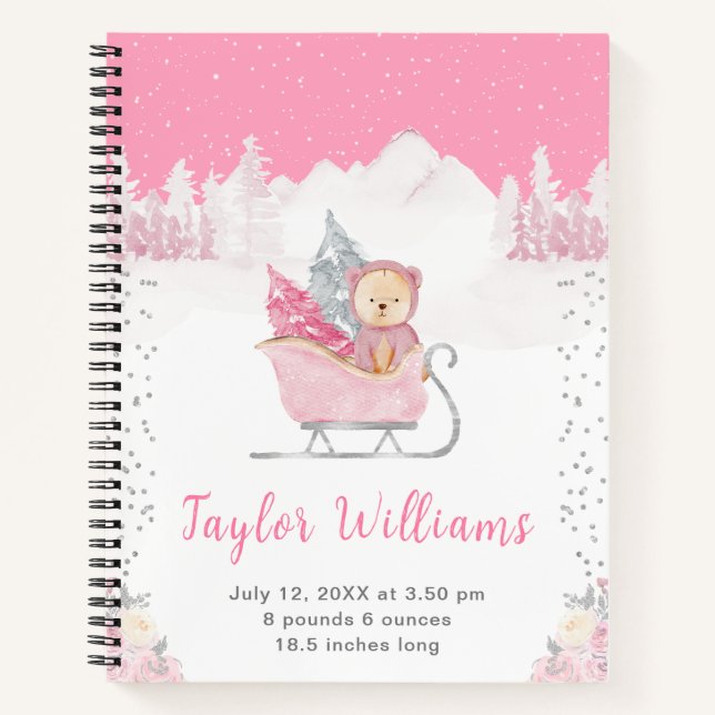 Winter Bear Pink Sleigh Birth Statistics Notebook (Front)