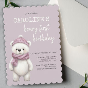 Winter Bear Purple Pink Baby Girl First Birthday Invitation