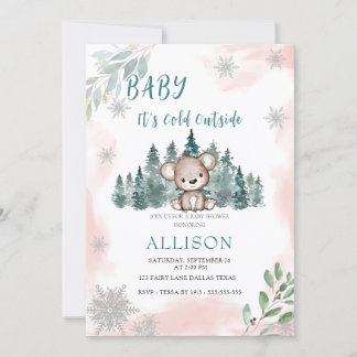 Winter Bear Snowflakes Pink Baby Shower Invitation