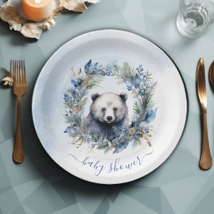 Winter Bear Watercolor Baby Shower Paper Plate