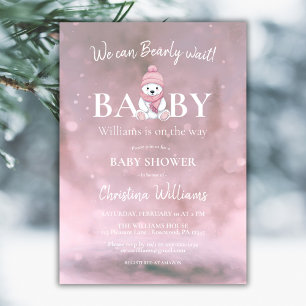 Winter Bear We can Bearly Wait Pink Baby Shower Invitation
