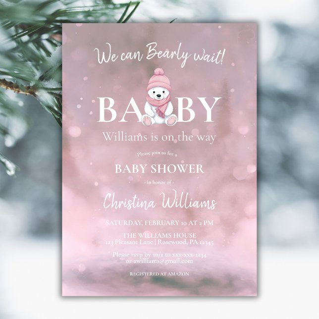 Winter Bear We can Bearly Wait Pink Baby Shower Invitation (Creator Uploaded)