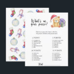 Winter bear - Whats in your purse baby shower game<br><div class="desc">"There's a Beary Sweet baby on the way". Celebrate with this teddy bear themed baby shower party! Watercolor cute teddy bear with christmas gift,  in santa hat. On the reverse side of the card are holiday christmas pattern (candy cane,  christmas tree ball toy,  christmas socks). Matching items available.</div>