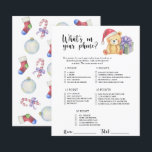 Winter Bear - What's on your phone game<br><div class="desc">"There's a Beary Sweet baby on the way". Celebrate with this teddy bear themed baby shower party! Watercolor cute teddy bear with christmas gift,  in santa hat. On the reverse side of the card are holiday christmas pattern (candy cane,  christmas tree ball toy,  christmas socks). Matching items available.</div>