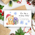 Winter bear with gift - How big is mummy's belly Enclosure Card<br><div class="desc">Celebrate with this winter teddy bear themed baby shower party!
Watercolor cute teddy bear with christmas gift,  in santa hat. On the reverse side of the card are holiday christmas pattern (candy cane,  christmas tree ball toy,  christmas socks).
Matching items available.</div>