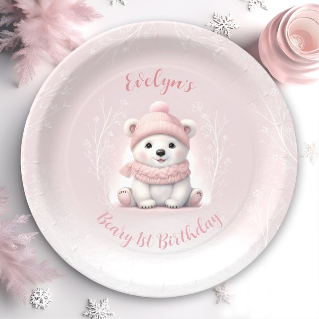 Winter Beary 1st Birthday Cute Pink Polar Bear Paper Plate (Winter Beary 1st Birthday Cute Pink Polar Bear Paper Plates)