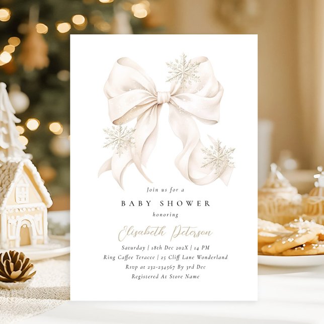 Winter Beige Bow Baby Shower Invitation (Creator Uploaded)