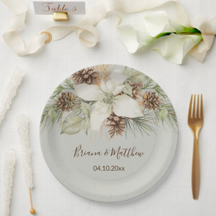 Winter Beige Elegant Script Wedding Paper Plate