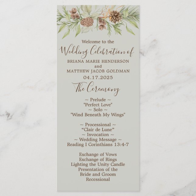 Winter Beige Elegant Script Wedding Programme (Front)