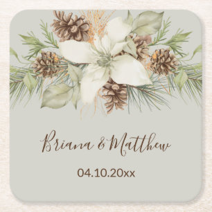 Winter Beige Elegant Script Wedding Square Paper Coaster