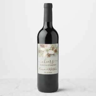 Winter Beige Elegant Script Wedding Wine Label