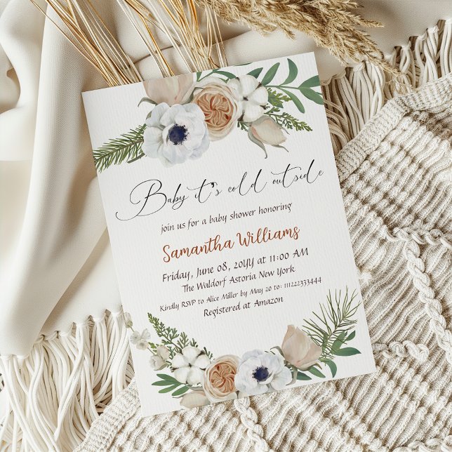 Winter Beige Floral Gender Neutral Baby Shower Invitation (Creator Uploaded)