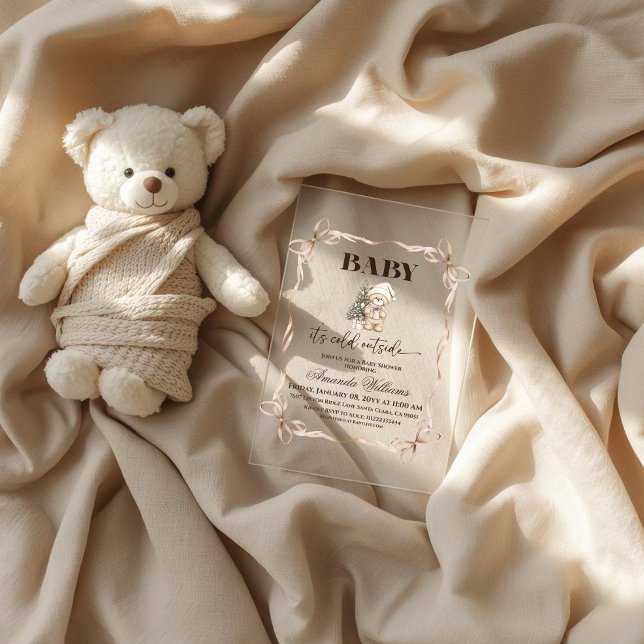 Winter Beige Teddy Bear Christmas Baby Shower Acrylic Invitations (Creator Uploaded)