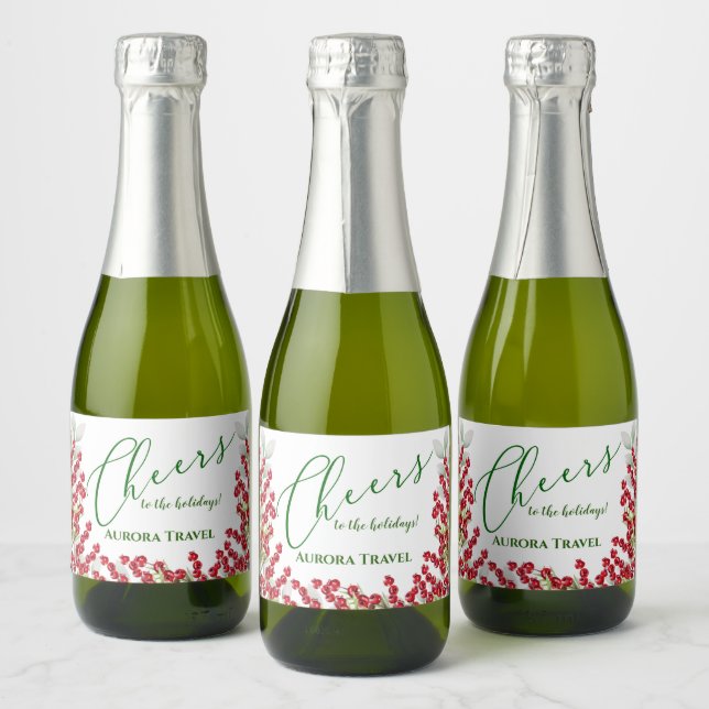 Winter Berries and Greens Christmas Cheer Mini Sparkling Wine Label (Bottles)